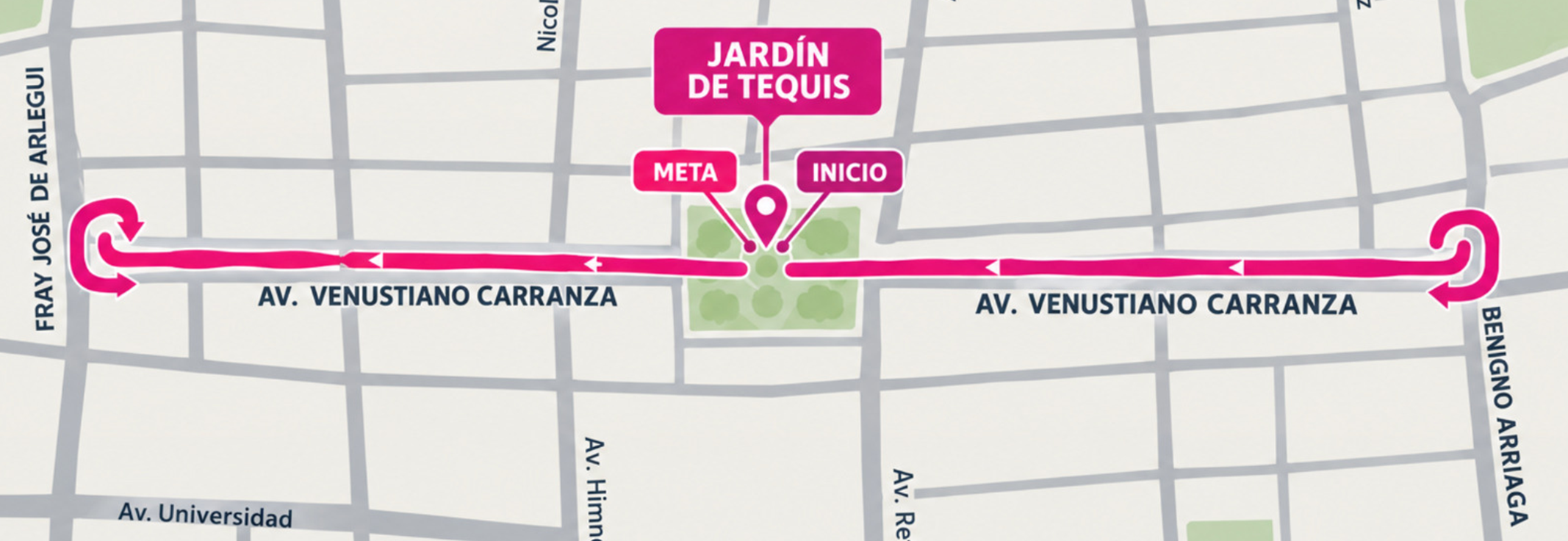 Croquis final de la ruta de 5 kilómetros por avenida Venustiano Carranza, Fray Diego de la Magdalena, Plaza de los Fundadores y Jardín de Tequisquiapan